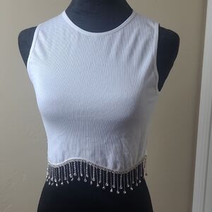 Faded Rose | White Sleeveless Top with Beaded Fringe